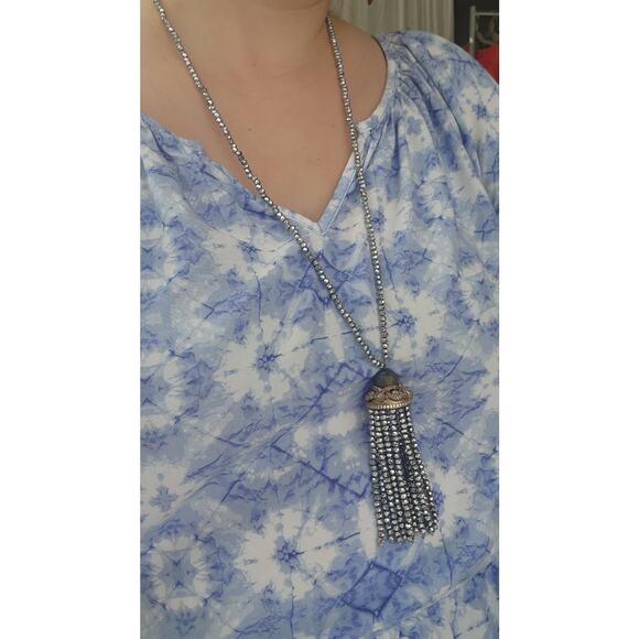 Bohemian neckline long tassel beaded Labradorite crystal gray silver coastal - Picture 7 of 7